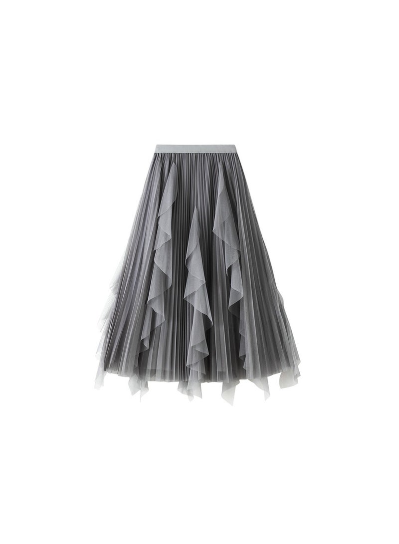 Loquat Women's High Waisted Ruffled Edge Patchwork Mesh Skirt Grey  - Image 1