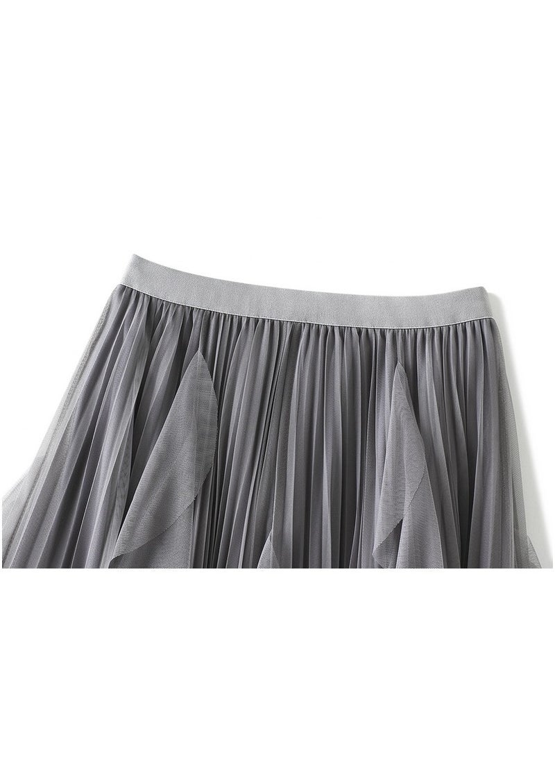 Loquat Women's High Waisted Ruffled Edge Patchwork Mesh Skirt Grey  - Image 2