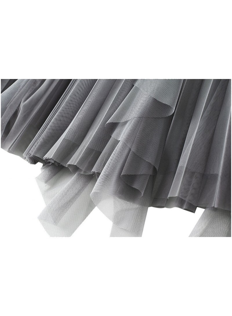 Loquat Women's High Waisted Ruffled Edge Patchwork Mesh Skirt Grey  - Image 3