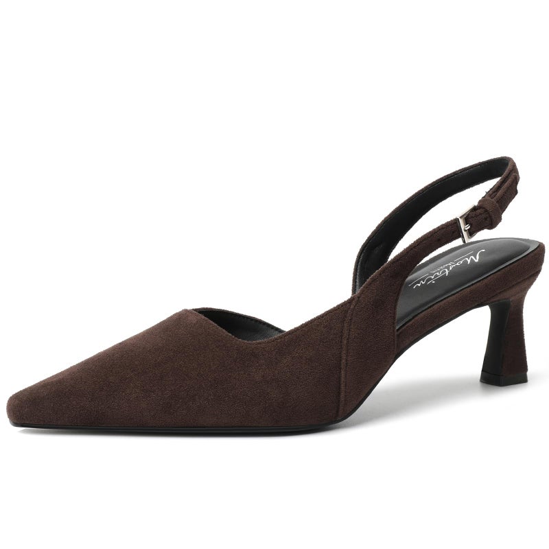 Mostrin Dark Brown Kitten Slingback Heels for Women Suede Low Pointed Closed Toe Heels Women's Pumps Shoes Dressy for Office Work Party Size 8 - Image 1