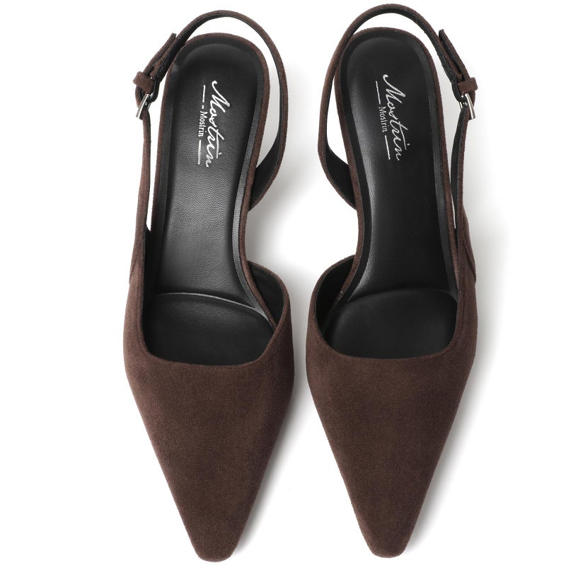 Mostrin Dark Brown Kitten Slingback Heels for Women Suede Low Pointed Closed Toe Heels Women's Pumps Shoes Dressy for Office Work Party Size 8 - Image 4