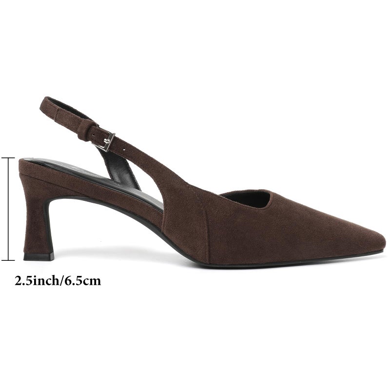 Mostrin Dark Brown Kitten Slingback Heels for Women Suede Low Pointed Closed Toe Heels Women's Pumps Shoes Dressy for Office Work Party Size 8 - Image 5