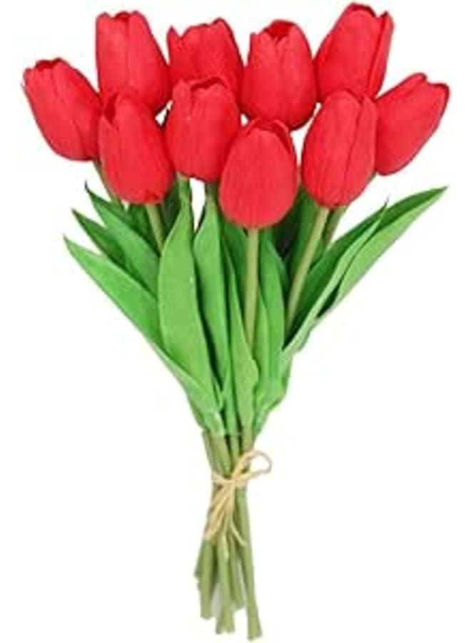 10pcs Mini Artificial Tulips Flower Real Touch Bridal Bouquet for Wedding Home Decor (Red)