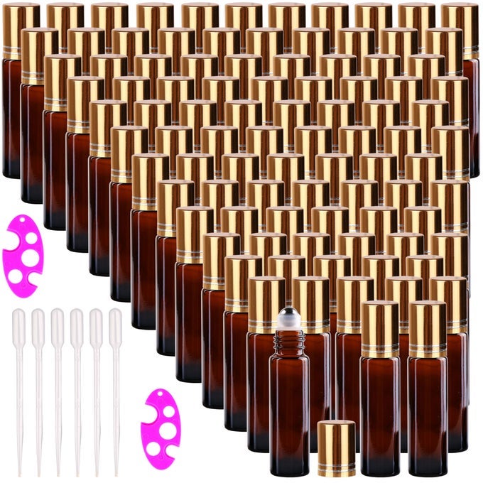 100 10ML AMBER GALSS ROLLER BOTTLES ESSENTIAL OILS APPLICATOR WITH STAINLESS STEEL ROLLER BALLS ALUMINIUM ALLOY CAP