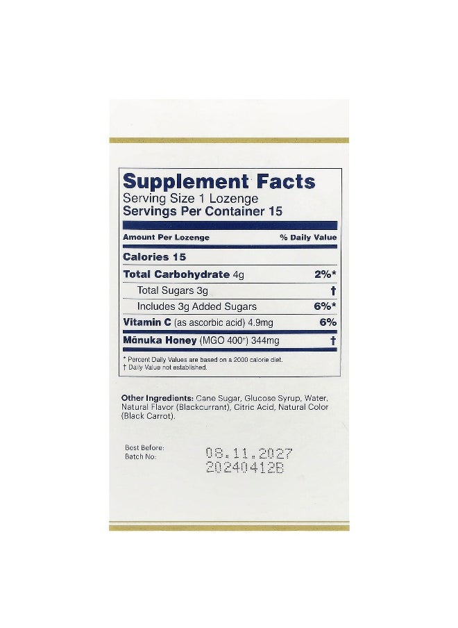 Manuka health Manuka Health, Manuka Honey Lozenges, Natural Blackcurrant, MGO 400+, 15 Lozenges  - Image 2