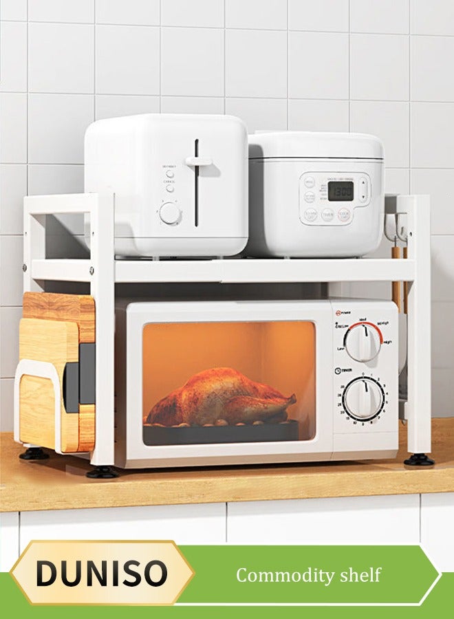 DUNISO رف ميكروويف، رف ميكروويف قابل للتوسيع، رف محمصة على سطح المطبخ، رف تخزين للمطبخ، قابل للفك، مقاوم للأوساخ والصدأ، مع 6 خطافات ورف لوح تقطيع، أبيض - Image 1