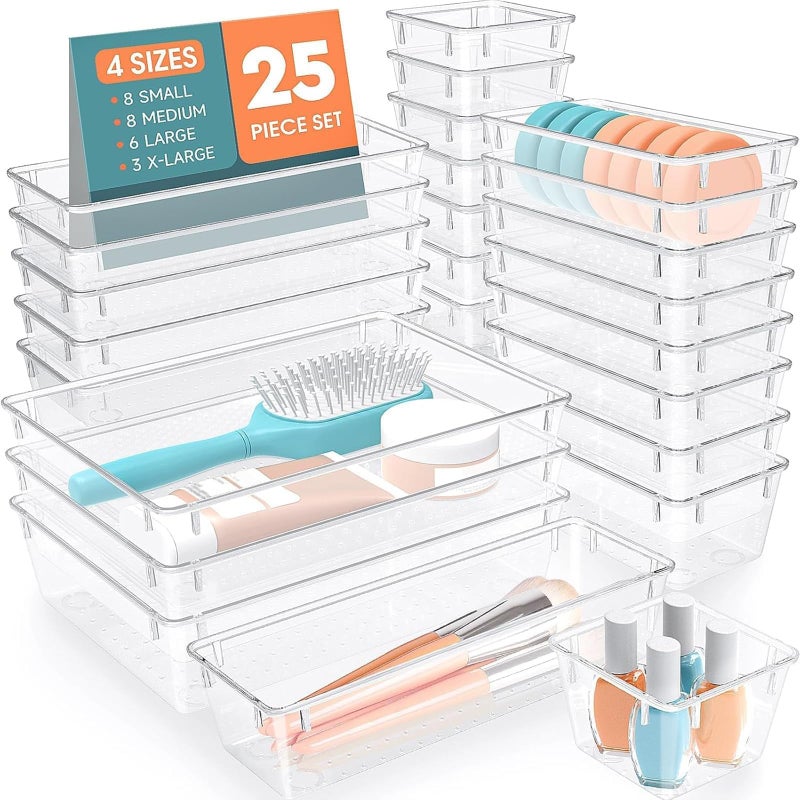 SpaceHacks 25 PCS Plastic Drawer Organizer Set, 4-Size Versatile Organizer Trays & storage Bins for Makeup, Jewelry, and Gadgets in Bathroom, Bedroom and Office,Clear White - Image 1