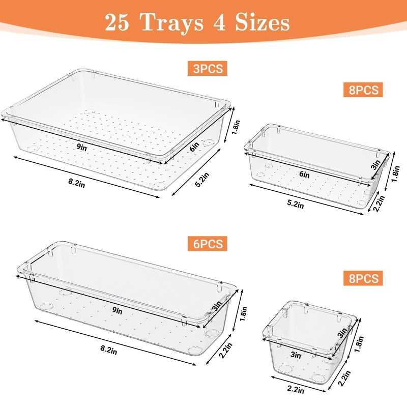 SpaceHacks 25 PCS Plastic Drawer Organizer Set, 4-Size Versatile Organizer Trays & storage Bins for Makeup, Jewelry, and Gadgets in Bathroom, Bedroom and Office,Clear White - Image 2