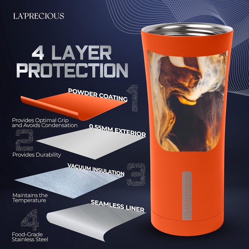 LA' PRECIOUS LA’ PRECIOUS Travel Coffee Mug 500 ml, Vacuum Insulated Stainless Steel Tumbler, Double Walled, Thermo Coffee Cup (FLAME ORANGE) - Image 2