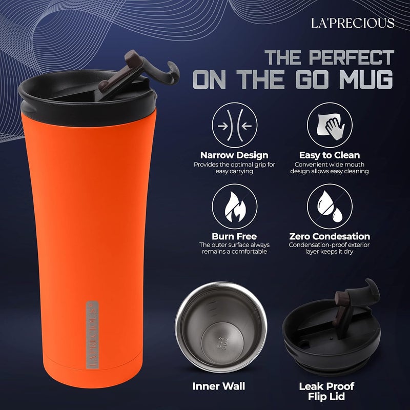 LA' PRECIOUS LA’ PRECIOUS Travel Coffee Mug 500 ml, Vacuum Insulated Stainless Steel Tumbler, Double Walled, Thermo Coffee Cup (FLAME ORANGE) - Image 4