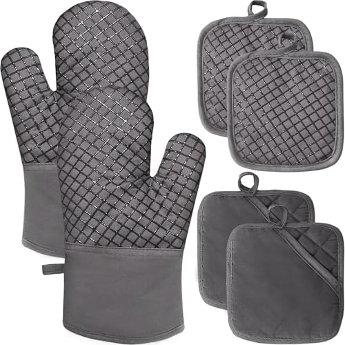 Jizvxe 4 Pcs Oven Mitts and Pot HoldersHigh Heat 500F Resistant Glove Potholder with Thick CottonSilicone NonSlip Surface Long Kitchen Oven Glove for Cooking Baking GrillingGrey - Image 1