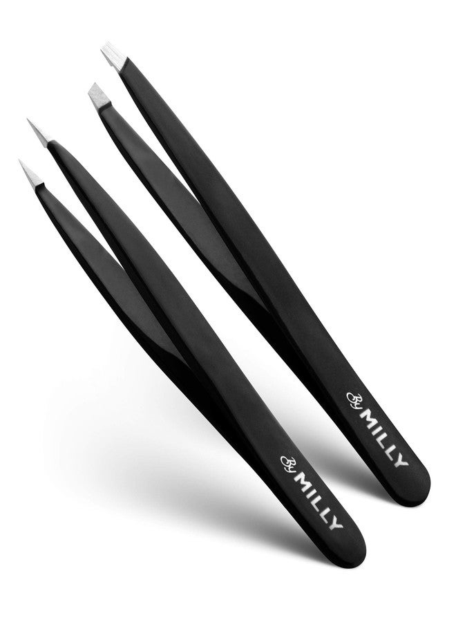 By MILLY Precision Tweezers Set | Slanted & Pointed Tip Tweezers Kit | High Carbon Stainless Steel | Aligned & Hand-Filed Tweezer Set Professional | Hair Removal & Eyebrow Tweezer Set | Black - Image 1