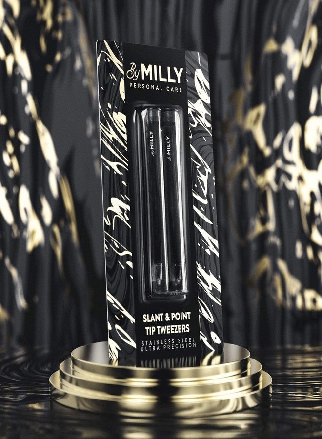 By MILLY Precision Tweezers Set | Slanted & Pointed Tip Tweezers Kit | High Carbon Stainless Steel | Aligned & Hand-Filed Tweezer Set Professional | Hair Removal & Eyebrow Tweezer Set | Black - Image 3