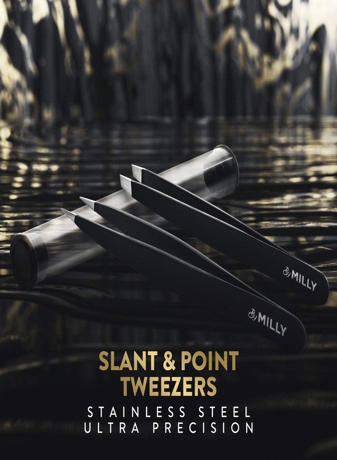 By MILLY Precision Tweezers Set | Slanted & Pointed Tip Tweezers Kit | High Carbon Stainless Steel | Aligned & Hand-Filed Tweezer Set Professional | Hair Removal & Eyebrow Tweezer Set | Black - Image 2