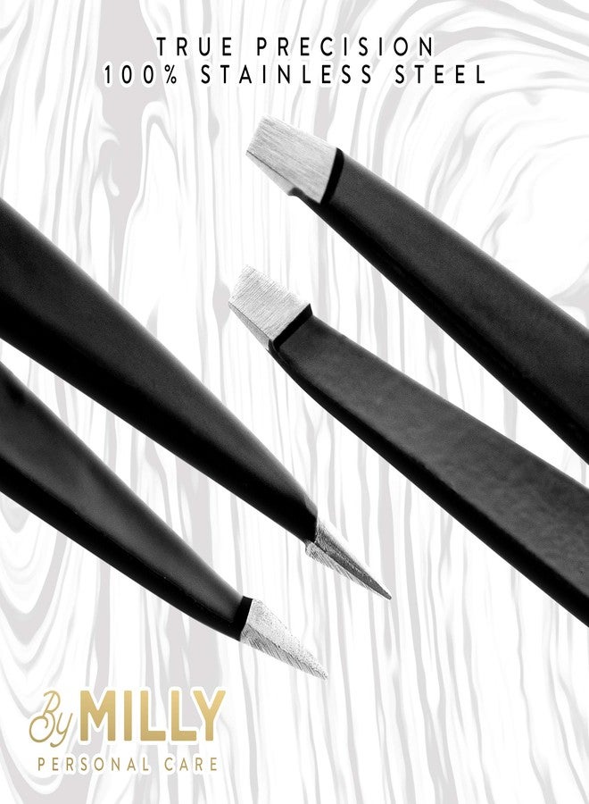 By MILLY Precision Tweezers Set | Slanted & Pointed Tip Tweezers Kit | High Carbon Stainless Steel | Aligned & Hand-Filed Tweezer Set Professional | Hair Removal & Eyebrow Tweezer Set | Black - Image 4