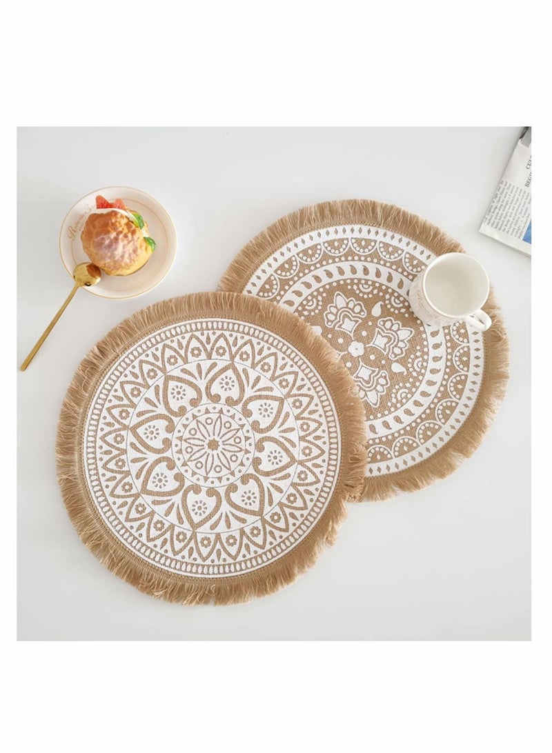 Excefore Round Jute Burlap Table Woven Placemats with Fringe, Vintage Place Mats for Parties, Farmhouse, BBQ, Holidays or Everyday Table Use-Size 15x15 Inches Occasion 6Pcs  - Image 3