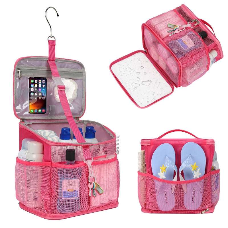 CUBETASTIC Shower Caddy Portable Mesh Shower Tote for Bathroom Gym Travel Camping Quick Dry Hanging Organizer Toiletry Bag with Handle for College Dorm Room Men Women A Hot Pink 98 - Image 2