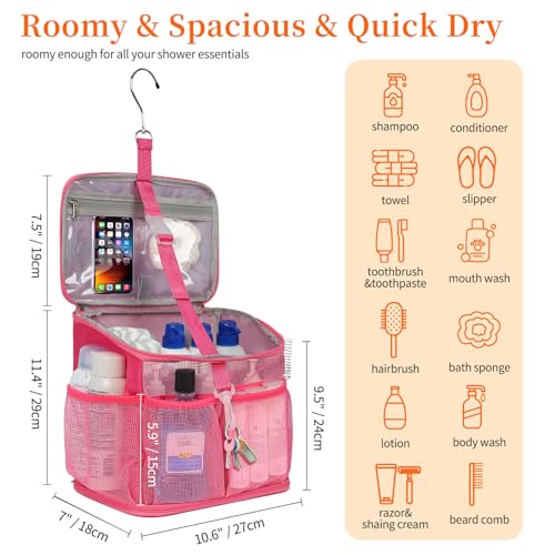 CUBETASTIC Shower Caddy Portable Mesh Shower Tote for Bathroom Gym Travel Camping Quick Dry Hanging Organizer Toiletry Bag with Handle for College Dorm Room Men Women A Hot Pink 98 - Image 3