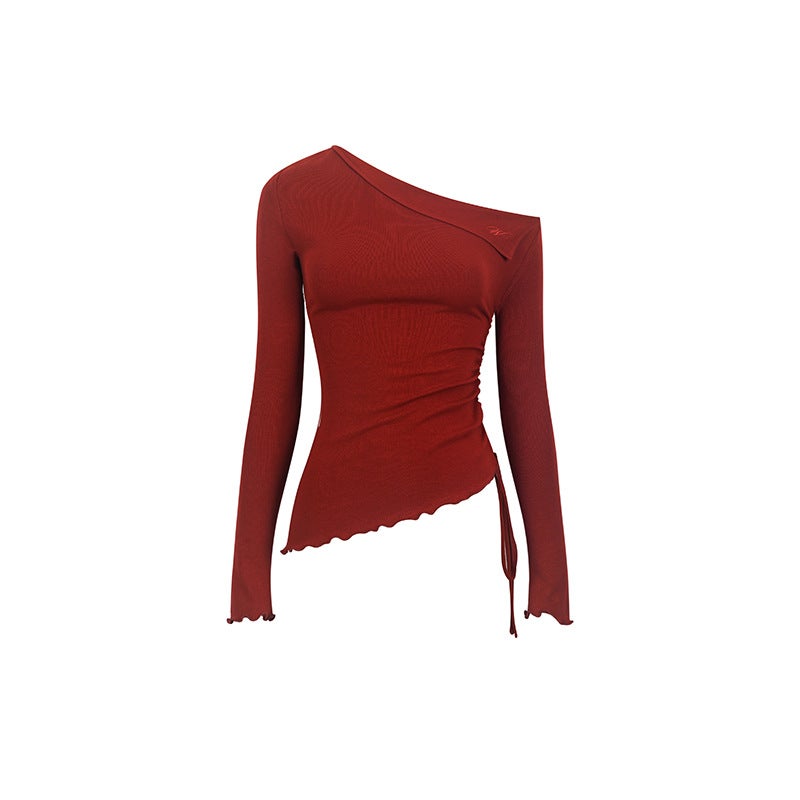 French Temperament Red Slant Shoulder Long-Sleeved T-Shirt Women'S Early Autumn A And Sough Top Thin Design Sense Drawstring T-Shirt - Image 1