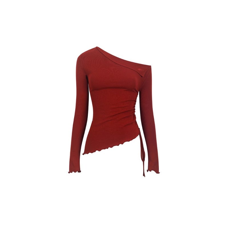 French Temperament Red Slant Shoulder Long-Sleeved T-Shirt Women'S Early Autumn A And Sough Top Thin Design Sense Drawstring T-Shirt - Image 4