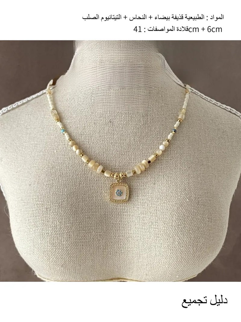 Women's Vintage Natural Shell Beaded Choker Necklace, Gold Plated Square Pendant, Minimalist Retro Clavicle Chain, Elegant Casual Party Wedding Jewelry Gift for Ladies - Image 1