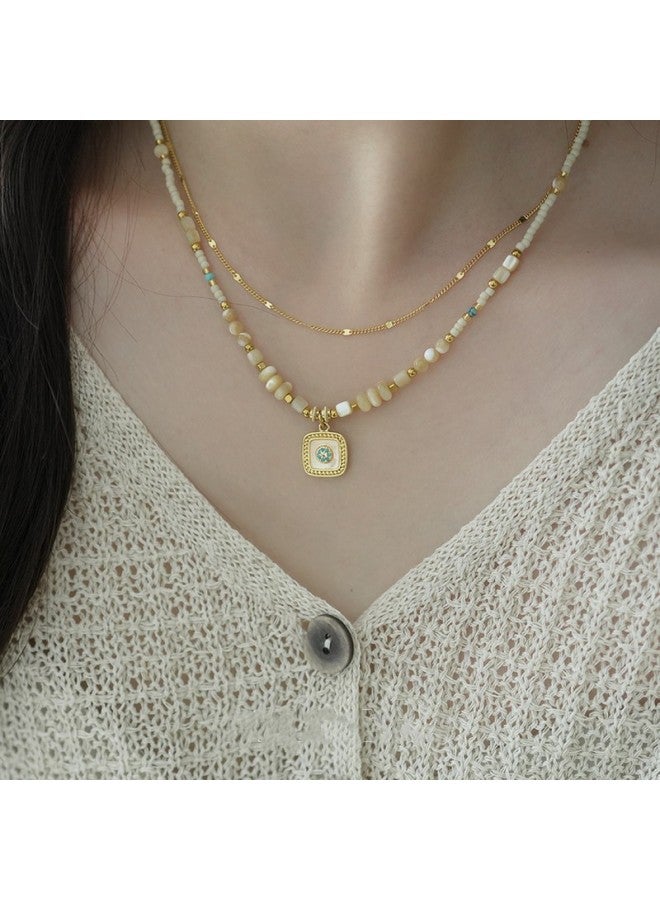 Women's Vintage Natural Shell Beaded Choker Necklace, Gold Plated Square Pendant, Minimalist Retro Clavicle Chain, Elegant Casual Party Wedding Jewelry Gift for Ladies - Image 4