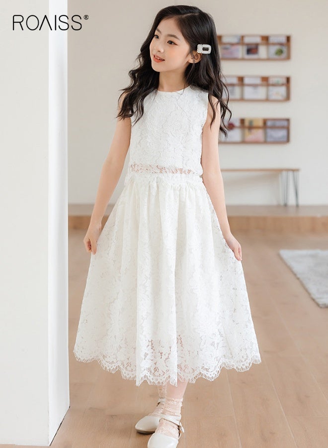 roaiss Girls Camisole and Long Skirt Set, Stylish Summer Outfit with Sleeveless Top and Lace Long Skirt, 2 Piece Comortable Clothing Set for Little Girls  - Image 3