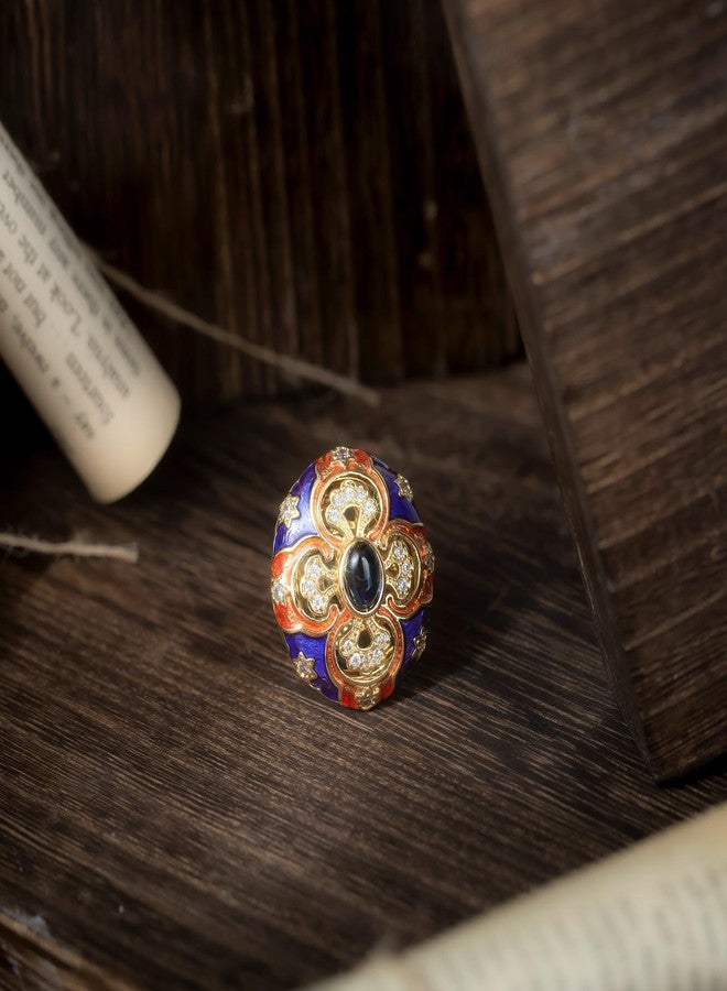 HZMAN Vintage Palace Style Chunky Cross Open Ring for Women, Adjustable Antique Brass Ring with Blue Crystal Center & Enamel Art, Handmade Statement Jewelry - Image 5