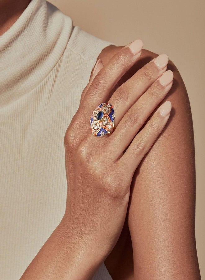 HZMAN Vintage Palace Style Chunky Cross Open Ring for Women, Adjustable Antique Brass Ring with Blue Crystal Center & Enamel Art, Handmade Statement Jewelry - Image 2
