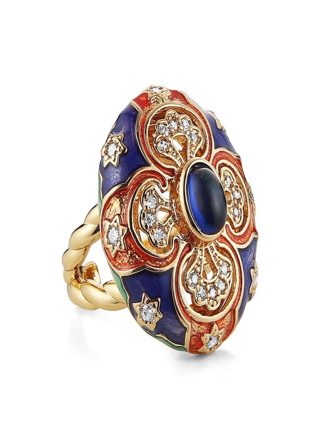 HZMAN Vintage Palace Style Chunky Cross Open Ring for Women, Adjustable Antique Brass Ring with Blue Crystal Center & Enamel Art, Handmade Statement Jewelry - Image 1