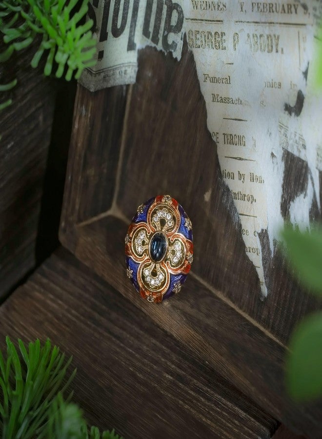 HZMAN Vintage Palace Style Chunky Cross Open Ring for Women, Adjustable Antique Brass Ring with Blue Crystal Center & Enamel Art, Handmade Statement Jewelry - Image 4