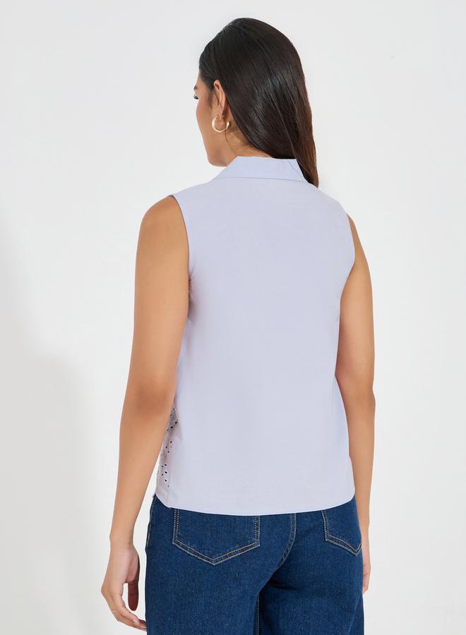 Styli Notch Collared Schiffli Border Sleeveless Shirt - Image 4