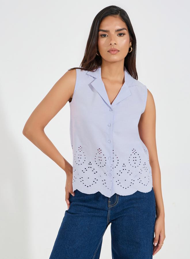 Styli Notch Collared Schiffli Border Sleeveless Shirt - Image 1