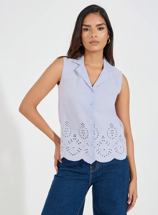 Styli Notch Collared Schiffli Border Sleeveless Shirt
