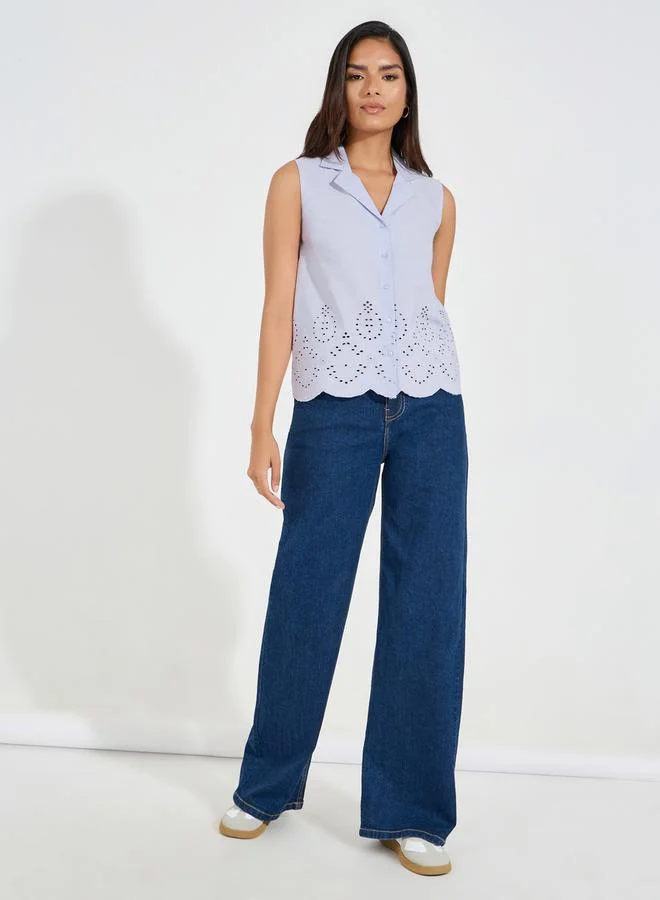 Styli Notch Collared Schiffli Border Sleeveless Shirt