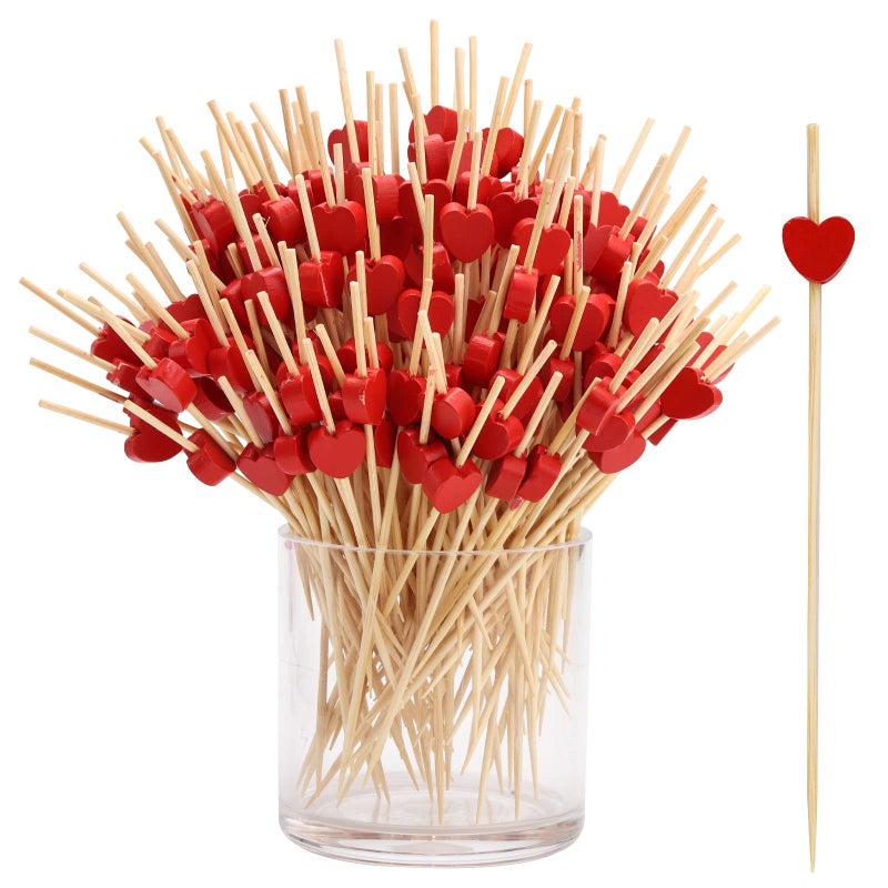 200PCS Heart Cocktail Picks 47 Heart Bamboo Toothpicks Heart Fancy Toothpicks Valentines Skewers Bamboo Fancy Appetizer for Wedding Birthday Party Decoration Red Heart