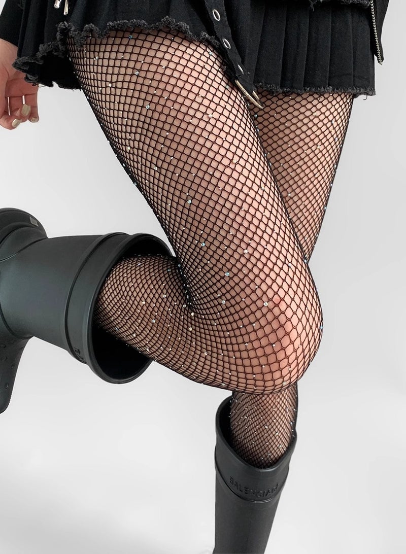 Joychic Women's Diamond Tights, Water Diamond Mesh Sparkling Mesh Socks, Sparkling Mesh High Waist Pantyhose, Women's Black Tights - Image 3
