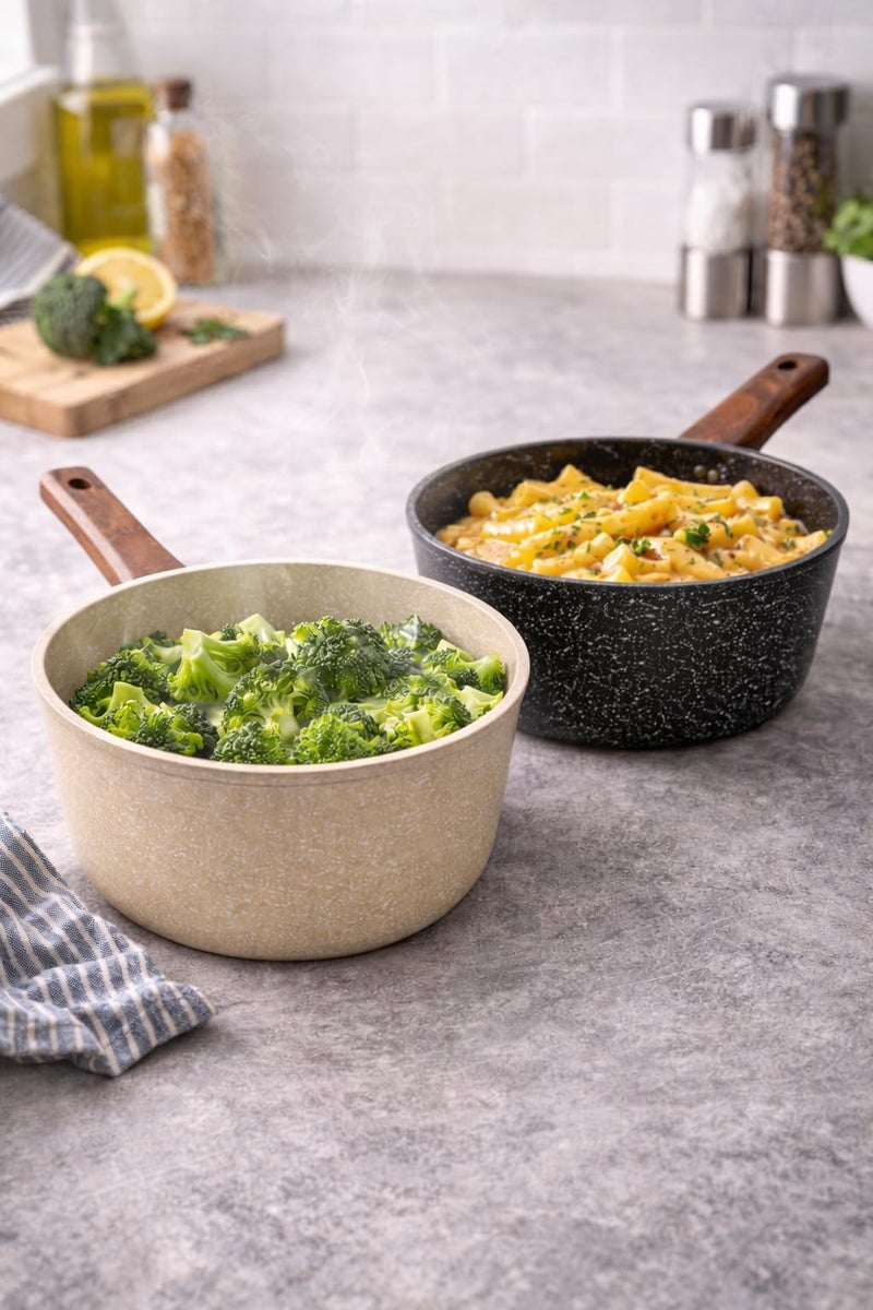 Non-Stick Saucepan Cooking Pot with Wooden Handle, Granite Speckled Coating, Milk Pan for Sauce, Soup & Pasta, Easy Clean (Black, 2, Liters) - Image 5