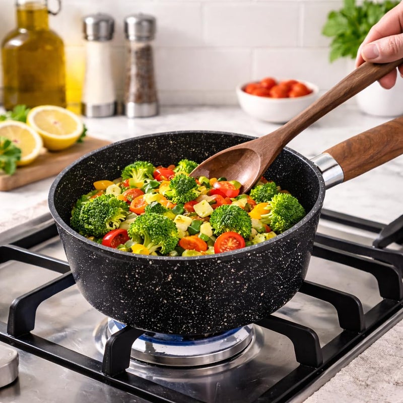 Non-Stick Saucepan Cooking Pot with Wooden Handle, Granite Speckled Coating, Milk Pan for Sauce, Soup & Pasta, Easy Clean (Black, 2, Liters) - Image 4