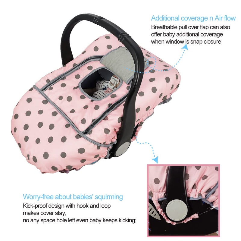 DODO NICI Carseat Cover Girls, Winter Baby car seat Covers for Infant car seat, Baby Carrier Cover Canopy, Window in Door Zipper Open, Thick Padded, Pink dots; - Image 4