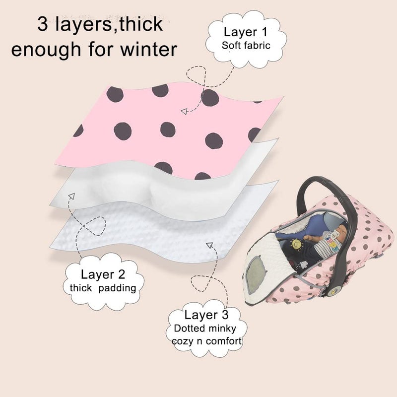 DODO NICI Carseat Cover Girls, Winter Baby car seat Covers for Infant car seat, Baby Carrier Cover Canopy, Window in Door Zipper Open, Thick Padded, Pink dots; - Image 3