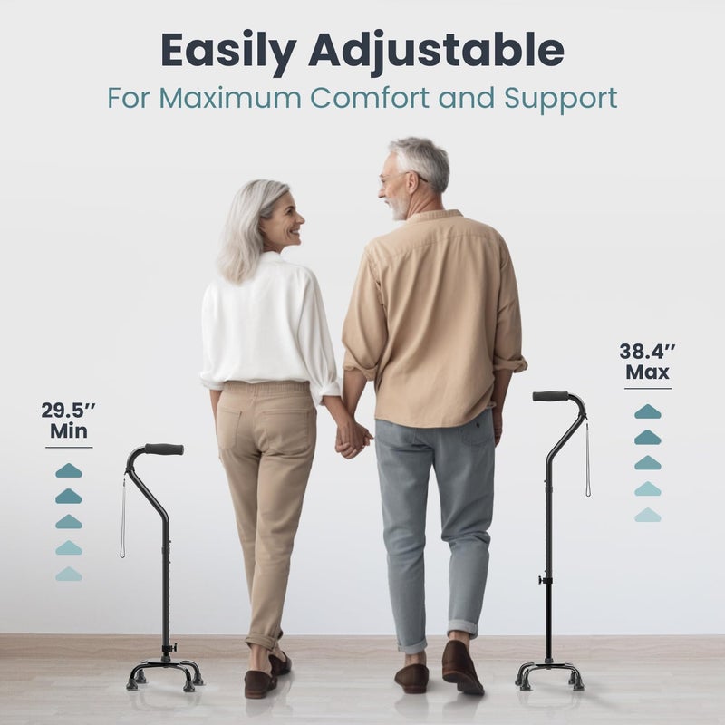 PELEGON Quad Cane (300 lb) - Adjustable Walking Cane with A Large 4 Pronged Base for Extra Balance & Stability, Walking Canes for Seniors, Walking Cane for Men & Women, Walking Sticks (Black) - Image 2