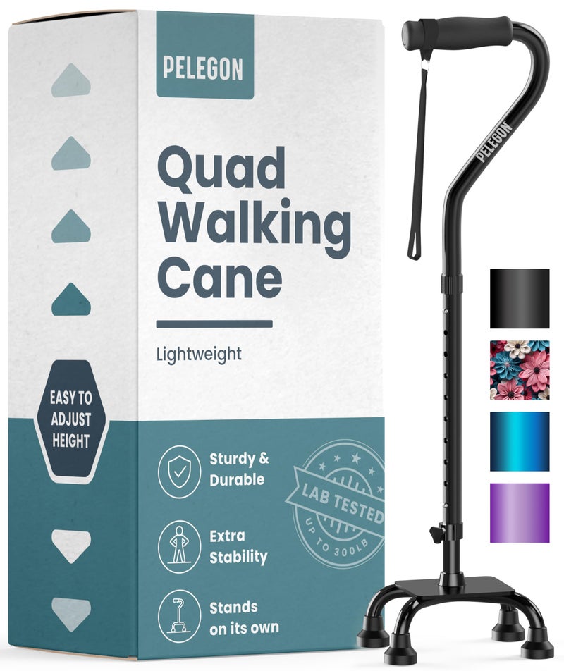 PELEGON Quad Cane (300 lb) - Adjustable Walking Cane with A Large 4 Pronged Base for Extra Balance & Stability, Walking Canes for Seniors, Walking Cane for Men & Women, Walking Sticks (Black) - Image 1