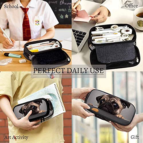 Yekiua Pug Dog Pencil Holder Cute Sad Dog Looks Cookie Big Capacity Pencil Case Multi-Purpose Makeup Pouch For Office College Adult - Image 4