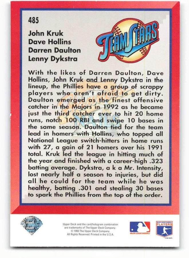 Upper Deck 1993 Upper Deck #485 John Kruk/Dave Hollins/Darren Daulton/Lenny Dykstra NM-MT Philadelphia Phillies Baseball - Image 2