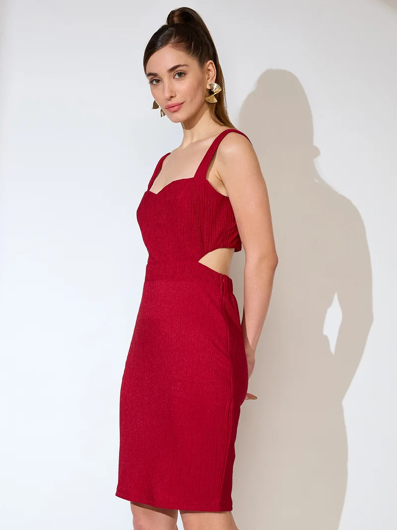 globus Globus Women Textured Sweetheart Neck Strappy Sleeves Cut-Out Detail Mini Bodycon Party Dress