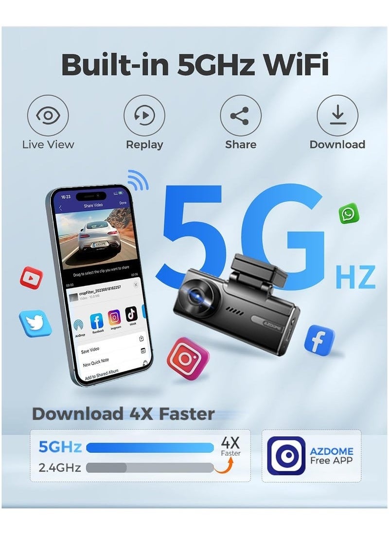أزدوم كاميرا داش كام AZDOME بدقة 5K أمامية وخلفية، مزوّدة بشبكة WiFi بتردد 5GHz، ونظام GPS مدمج، شاشة لمس بحجم 4 بوصات، مراقبة وقوف السيارات على مدار 24 ساعة، رؤية ليلية، ومسجّل فيديو أسود (Black Box).  - Image 2