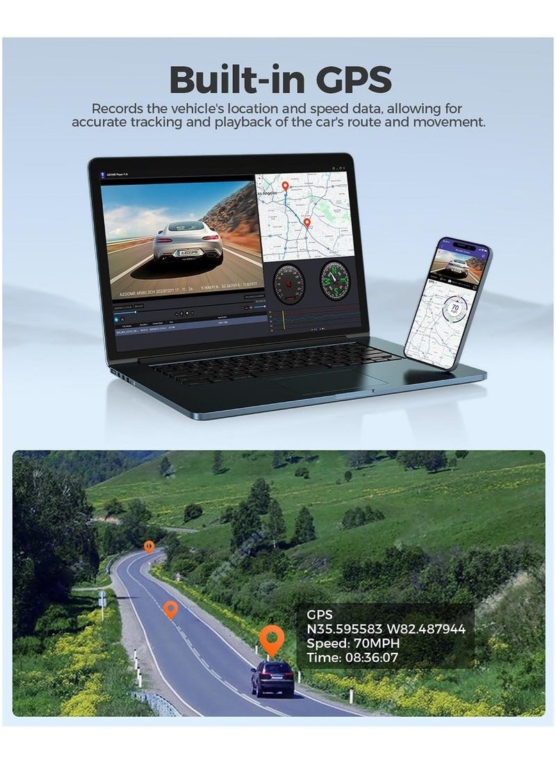 أزدوم كاميرا داش كام AZDOME بدقة 5K أمامية وخلفية، مزوّدة بشبكة WiFi بتردد 5GHz، ونظام GPS مدمج، شاشة لمس بحجم 4 بوصات، مراقبة وقوف السيارات على مدار 24 ساعة، رؤية ليلية، ومسجّل فيديو أسود (Black Box).  - Image 3