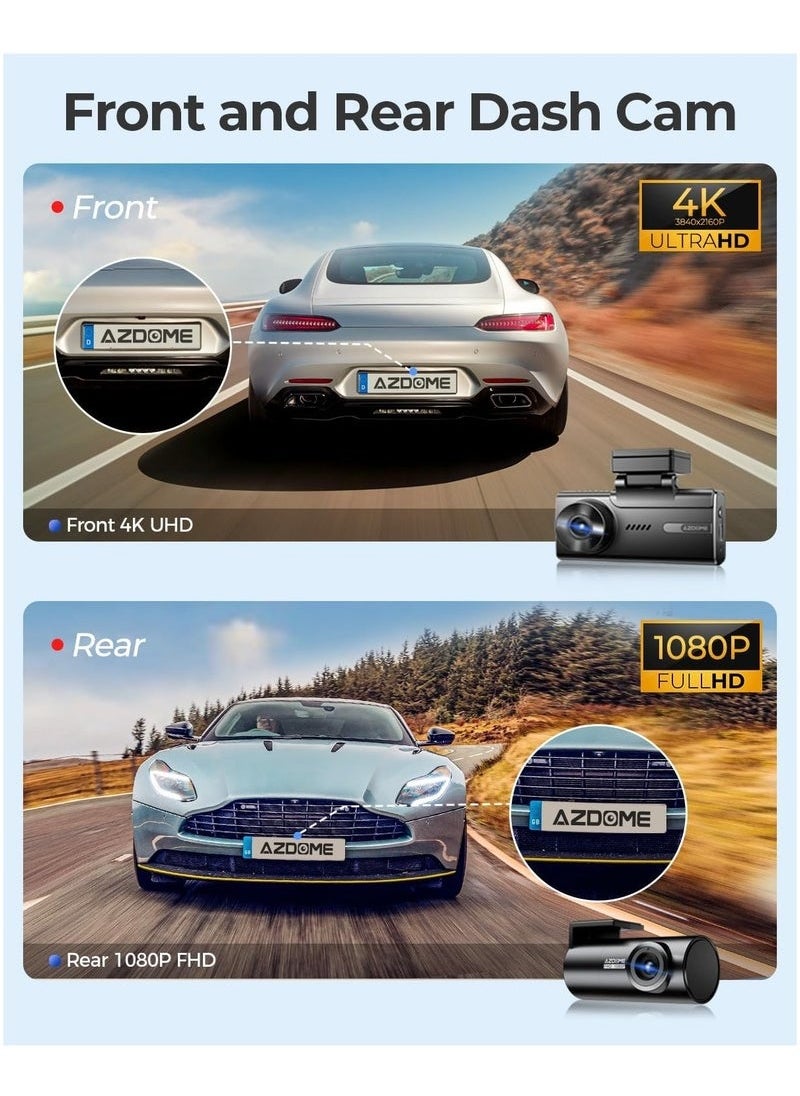 أزدوم كاميرا داش كام AZDOME بدقة 5K أمامية وخلفية، مزوّدة بشبكة WiFi بتردد 5GHz، ونظام GPS مدمج، شاشة لمس بحجم 4 بوصات، مراقبة وقوف السيارات على مدار 24 ساعة، رؤية ليلية، ومسجّل فيديو أسود (Black Box).  - Image 4