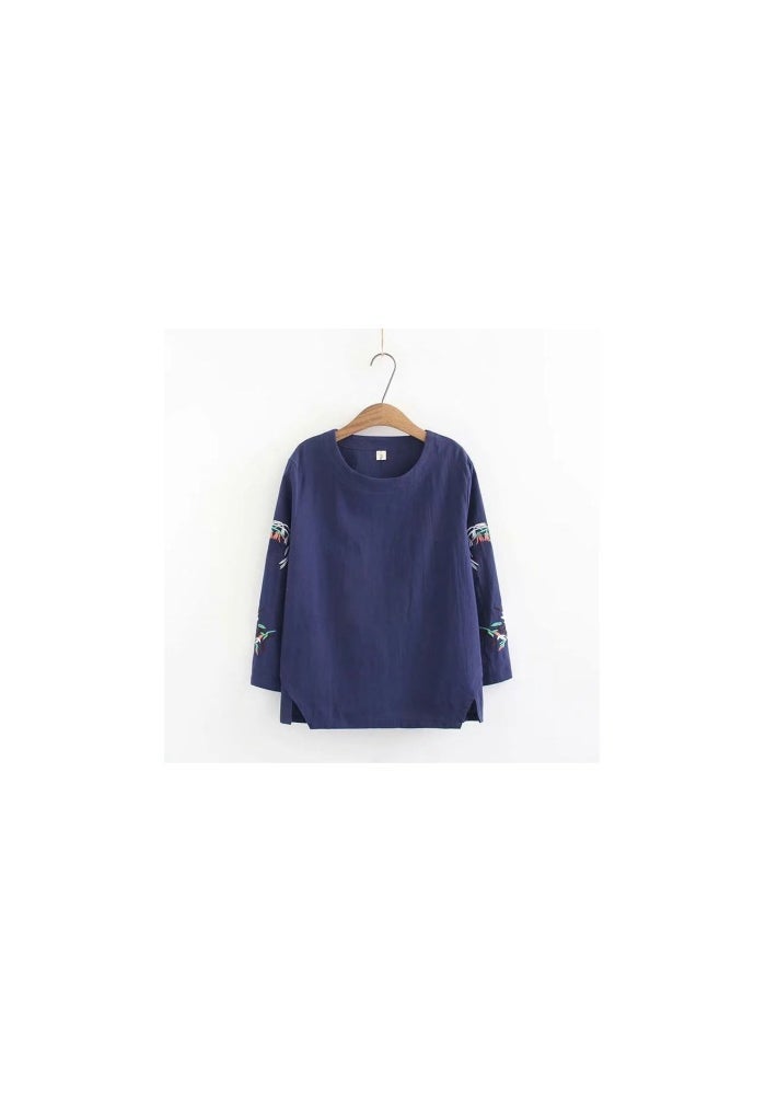 Pure Cotton Embroidered Long-Sleeve Plus-Size Base Shirt 2023 Spring/Summer T-Shirt Vintage White Mother's Clothing Artistic Retro Style